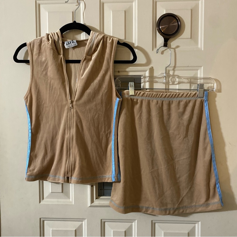 Y2K Vintage Velour Full Zip Short Sleeve Hoodie Skirt Set Girls 16 Women’s XS